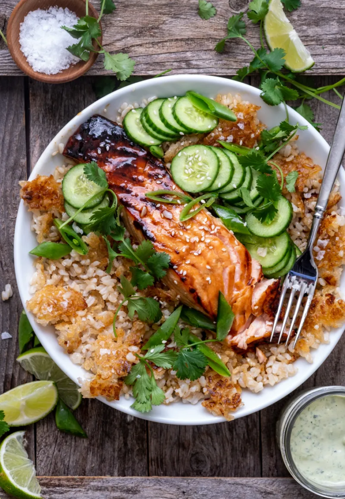 Crunchy Brown Rice Salmon Bowls with Herbed Tahini Dressing